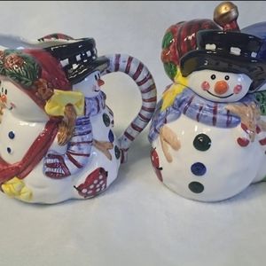 Triple Snowman Sugar And Creamer Set Christmas Decor Home Gift Holiday